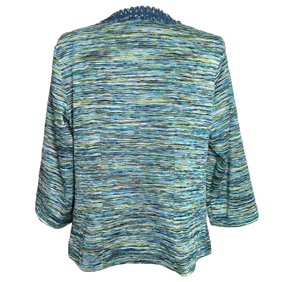 CHICO'S Knit Fringe Ronique Boho Jacket Open Blue Green Blazer Sz M (1) - Picture 6 of 8